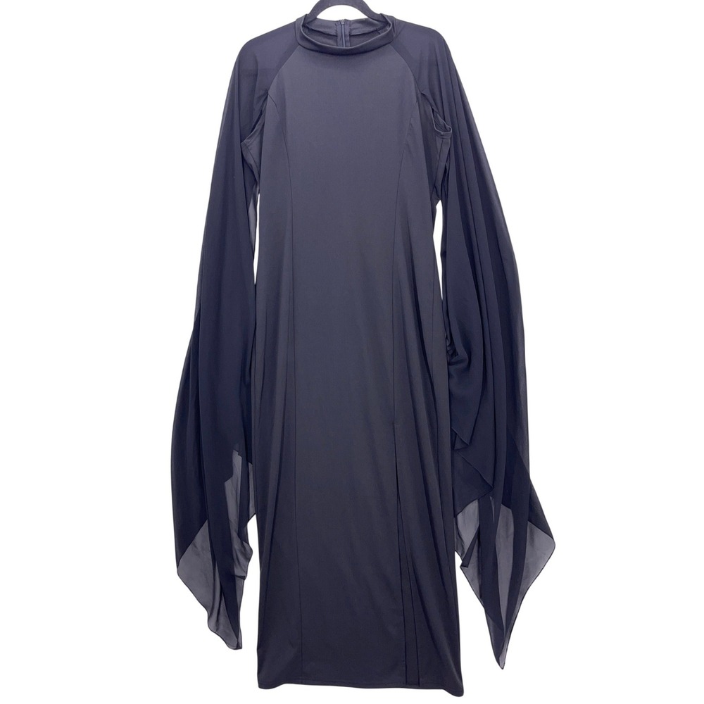 Black Cape Sleeve Maxi Dress L Mock Neck Front Slit 60s 70s